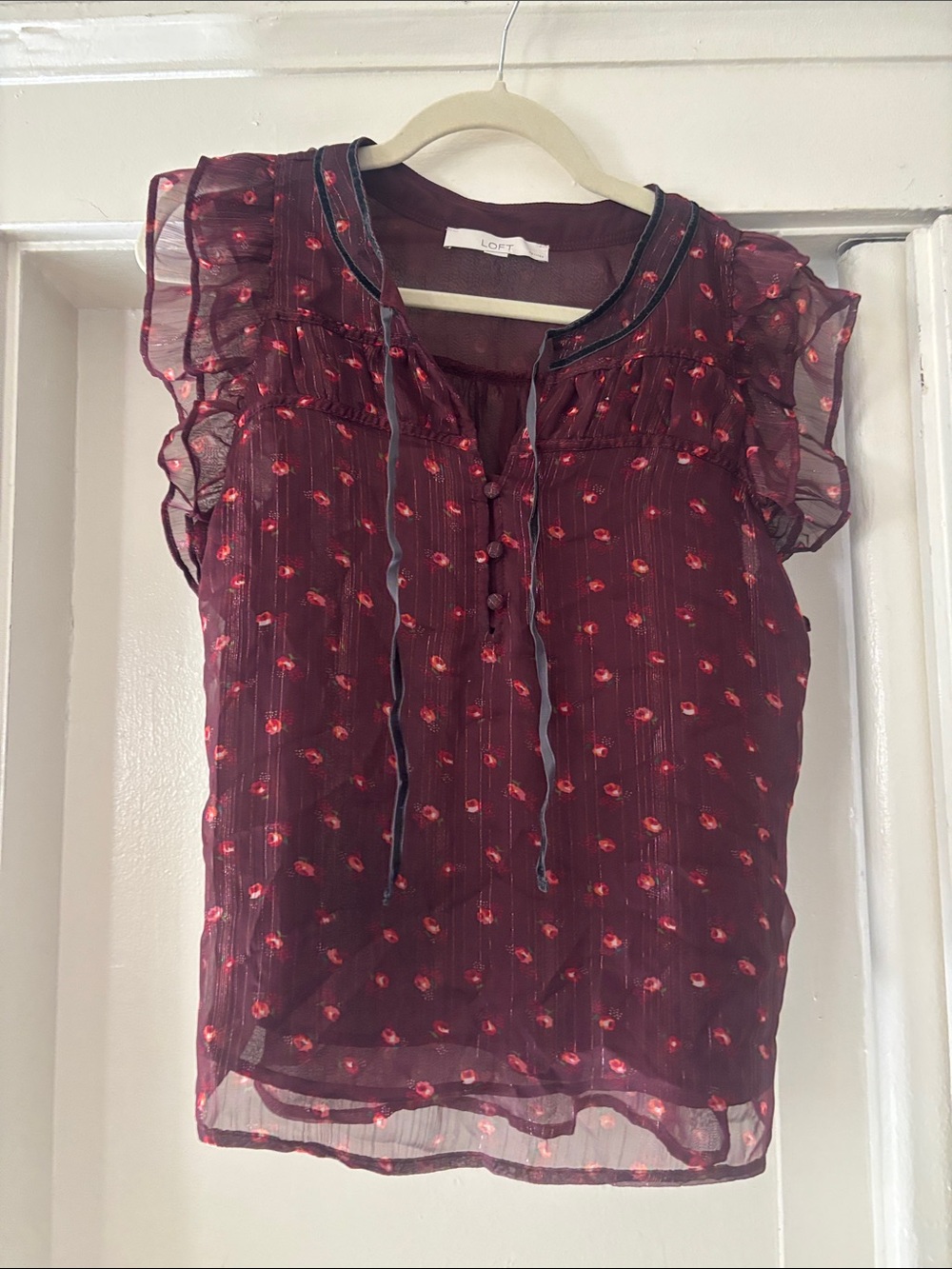 LOFT Burgundy Sheer Floral Tie-Neck Ruffle Sleeve Blouse